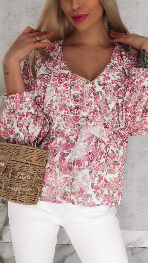 Cudowna bluzka w różowe kwiaty z modnym dekoltem ONE SIZE - R833