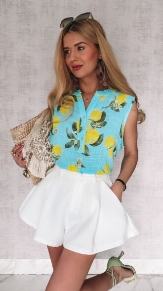 Turkusowa letnia bluzka w cytryny OVERSIZE - R977