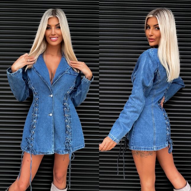 Wyjątkowa jeansowa marynarka z ozdobnymi wiązaniami BLUE JEANS - S484