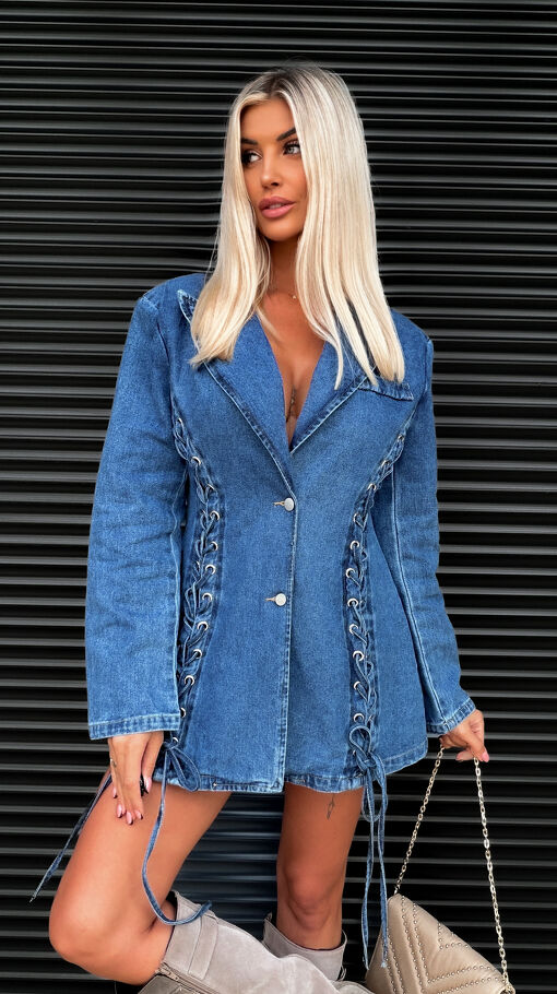 Wyjątkowa jeansowa marynarka z ozdobnymi wiązaniami BLUE JEANS - S484