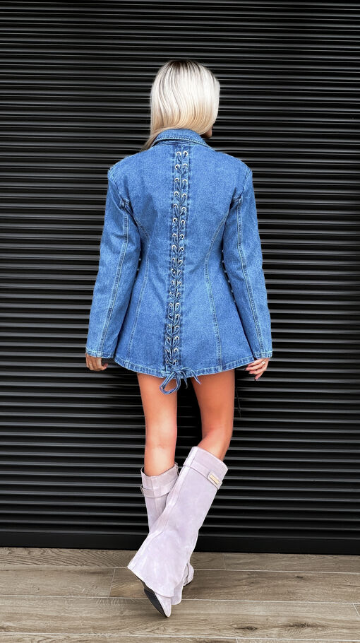 Wyjątkowa jeansowa marynarka z ozdobnymi wiązaniami BLUE JEANS - S484