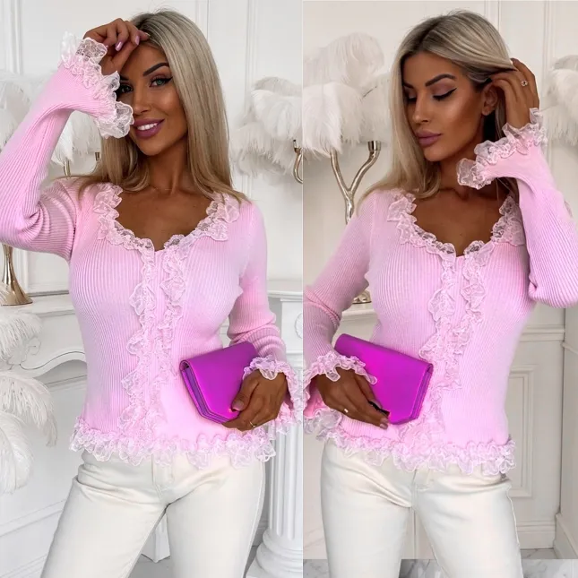 Modna dzianinowa bluzka z koronką i dzwonami ONE SIZE róż - R442C
