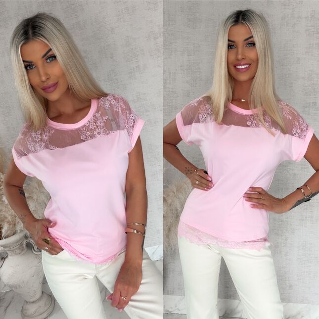Różowa bawełniana bluzka T-SHIRT z koronką ONE SIZE - S071