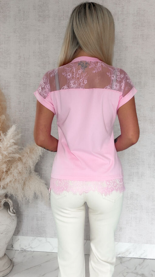 Różowa bawełniana bluzka T-SHIRT z koronką ONE SIZE - S071