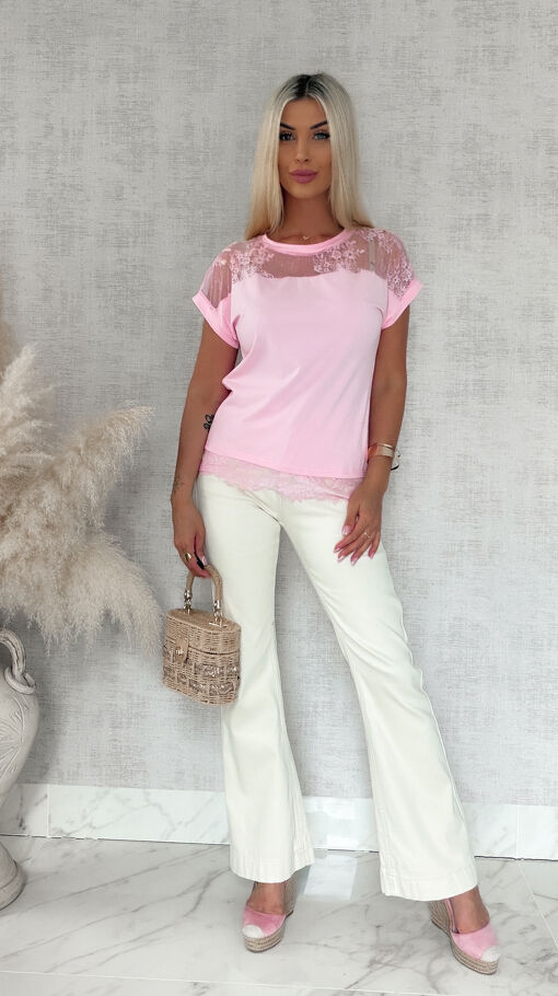 Różowa bawełniana bluzka T-SHIRT z koronką ONE SIZE - S071