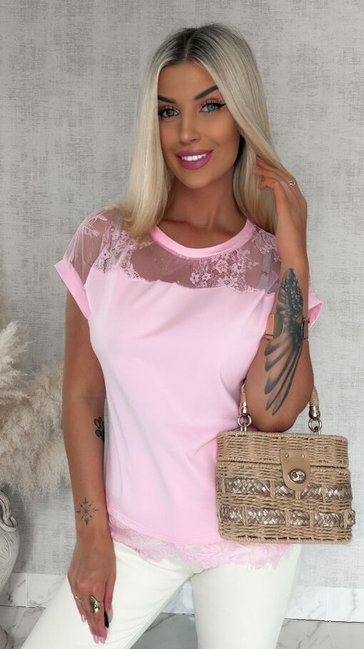 Różowa bawełniana bluzka T-SHIRT z koronką ONE SIZE - S071