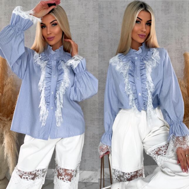 Ekstra modna koszula w niebieskie paski z białą koronką ONE SIZE - R589
