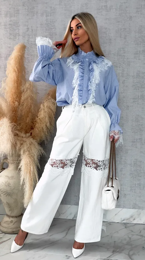 Ekstra modna koszula w niebieskie paski z białą koronką ONE SIZE - R589