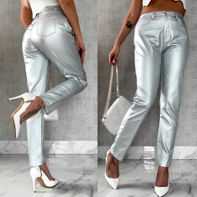 Srebrne elastyczne spodnie w klasycznym kroju - R516