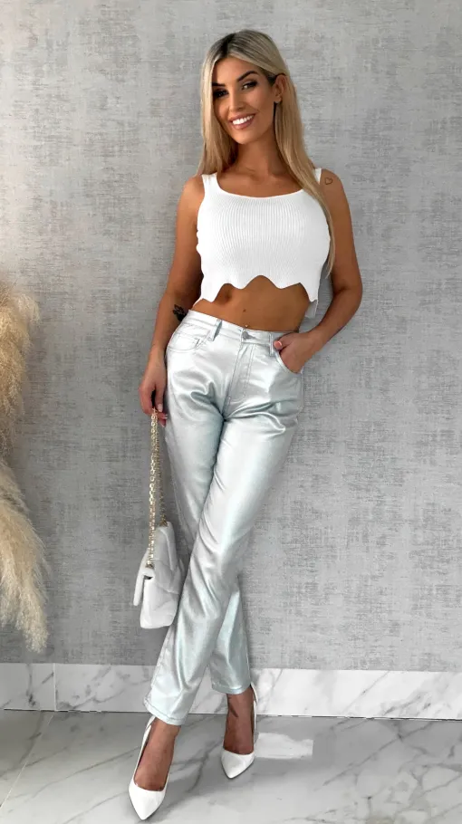 Srebrne elastyczne spodnie w klasycznym kroju - R516