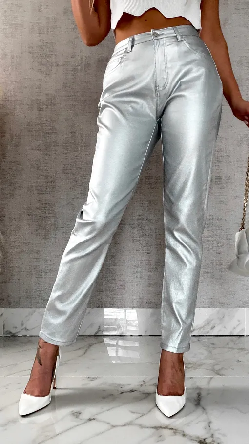 Srebrne elastyczne spodnie w klasycznym kroju - R516