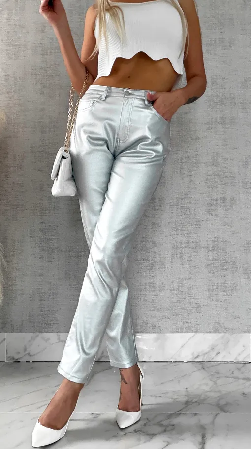 Srebrne elastyczne spodnie w klasycznym kroju - R516