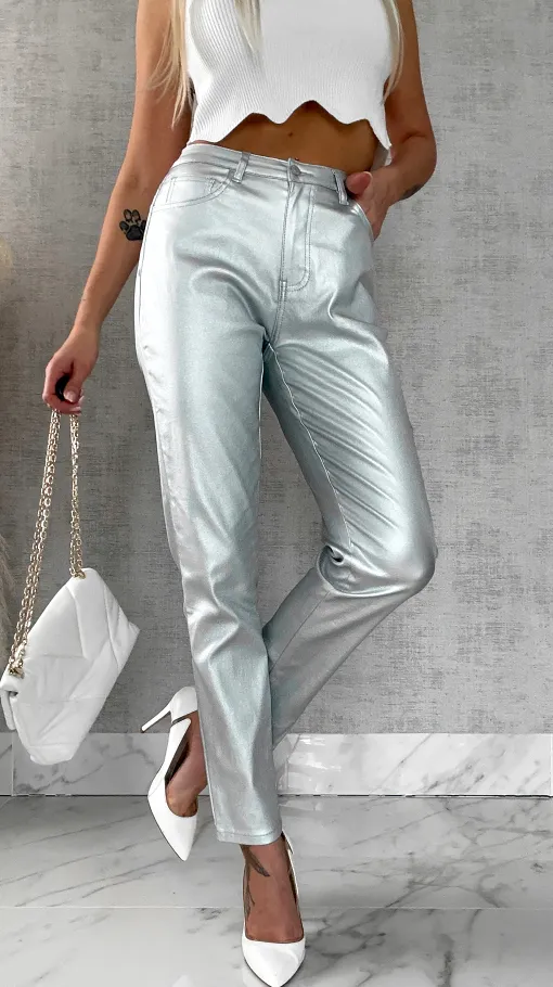 Srebrne elastyczne spodnie w klasycznym kroju - R516