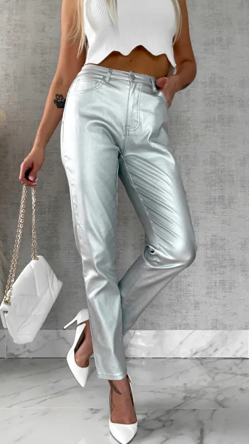 Srebrne elastyczne spodnie w klasycznym kroju - R516