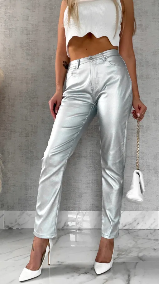 Srebrne elastyczne spodnie w klasycznym kroju - R516