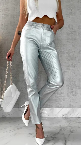 Srebrne elastyczne spodnie w klasycznym kroju - R516