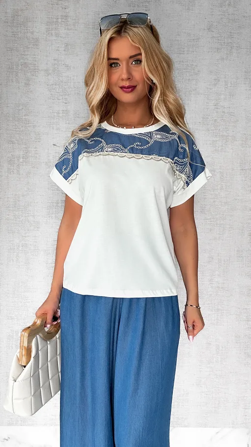 Letni komplet bluzka + miękkie spodnie jeansowe kuloty ONE SIZE - P794