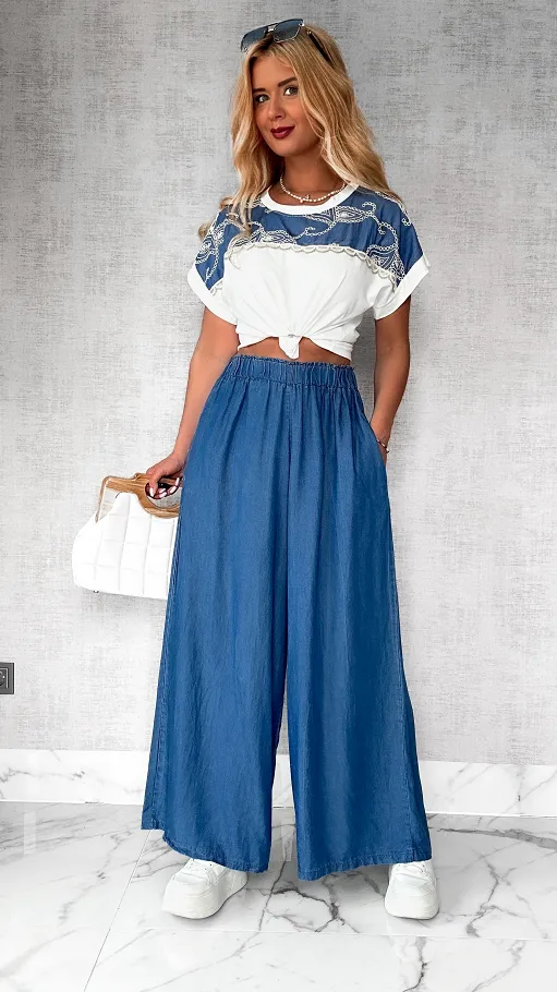 Letni komplet bluzka + miękkie spodnie jeansowe kuloty ONE SIZE - P794