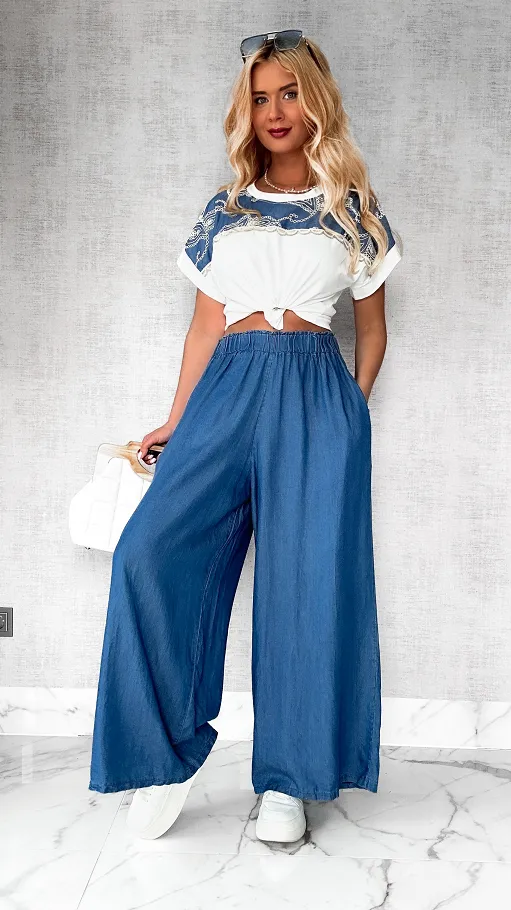 Letni komplet bluzka + miękkie spodnie jeansowe kuloty ONE SIZE - P794
