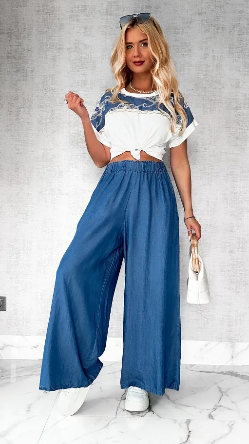 Letni komplet bluzka + miękkie spodnie jeansowe kuloty ONE SIZE - P794