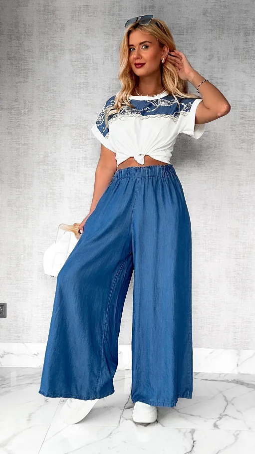 Letni komplet bluzka + miękkie spodnie jeansowe kuloty ONE SIZE - P794