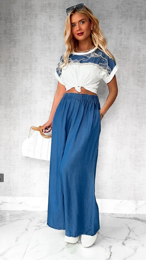 Letni komplet bluzka + miękkie spodnie jeansowe kuloty ONE SIZE - P794