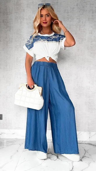 Letni komplet bluzka + miękkie spodnie jeansowe kuloty ONE SIZE - P794