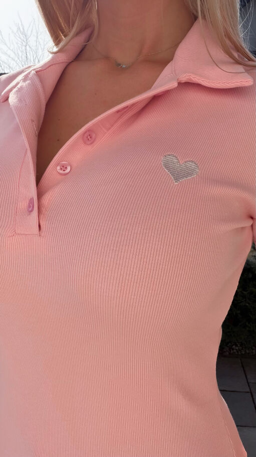 Różowa bawełniana bluzka POLO z serduszkiem ONE SIZE - R786