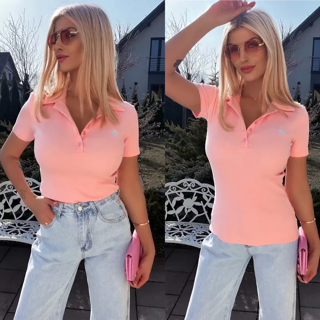 Różowa bawełniana bluzka POLO z serduszkiem ONE SIZE - R786