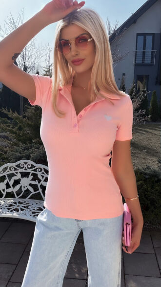 Różowa bawełniana bluzka POLO z serduszkiem ONE SIZE - R786