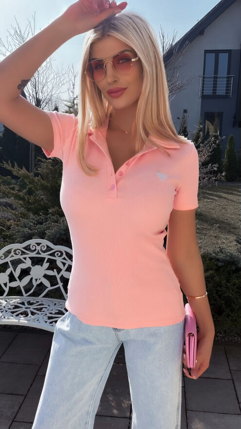 Różowa bawełniana bluzka POLO z serduszkiem ONE SIZE - R786