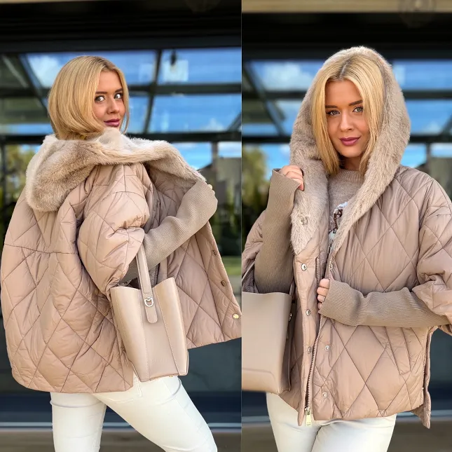 Pikowana asymetryczna kurtka z futerkowym kapturem BEŻOWA - R226A