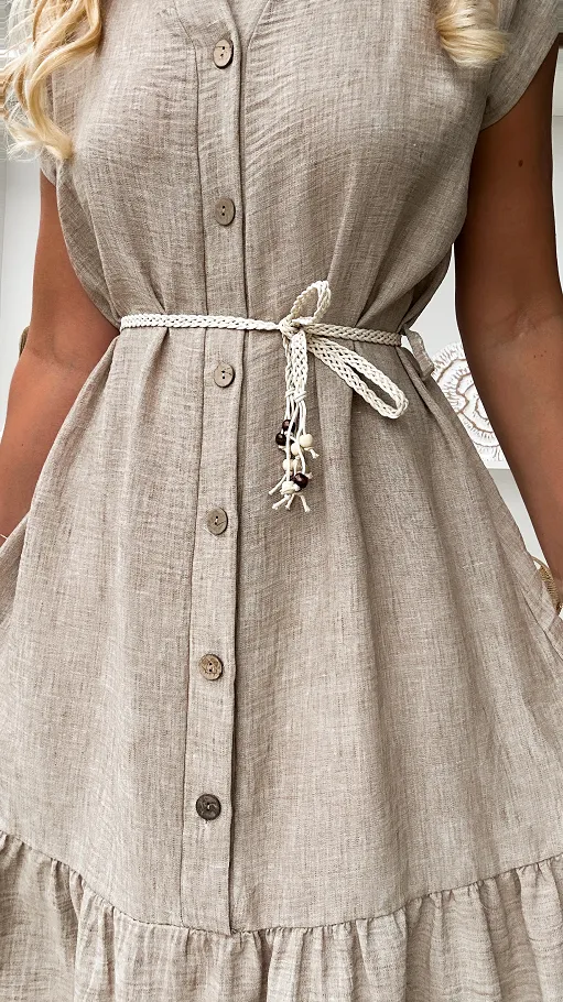 Beżowa sukienka na guziki z plecionym paskiem ONE SIZE - P858A
