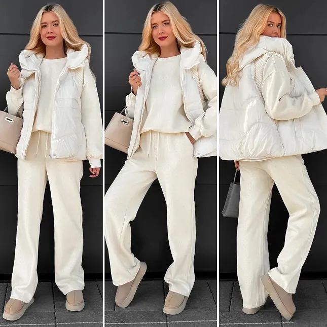 Ecru ocieplany komplet 3 częściowy z bawełny w mini cyrkonie ONE SIZE - R109A