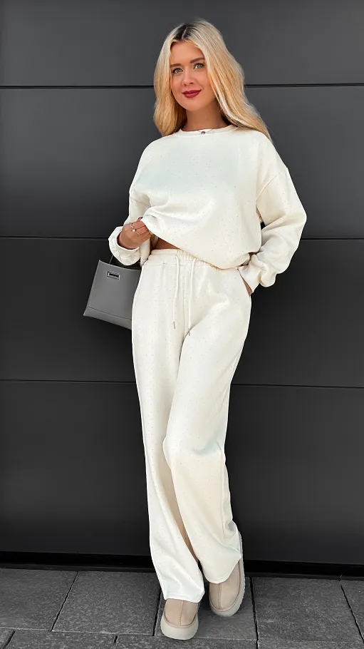 Ecru ocieplany komplet 3 częściowy z bawełny w mini cyrkonie ONE SIZE - R109A