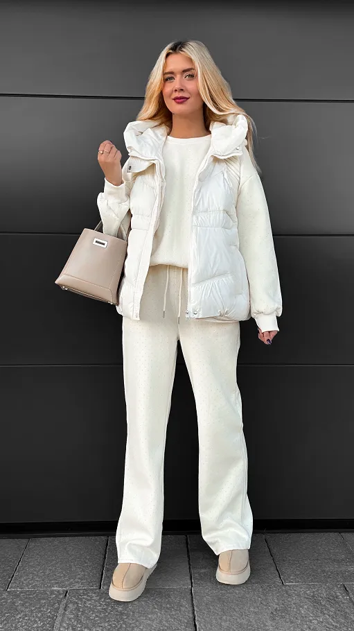 Ecru ocieplany komplet 3 częściowy z bawełny w mini cyrkonie ONE SIZE - R109A