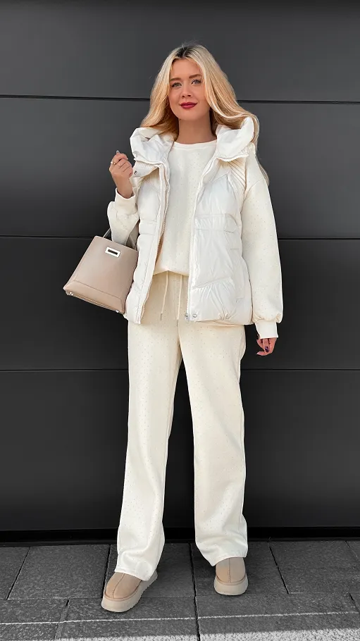 Ecru ocieplany komplet 3 częściowy z bawełny w mini cyrkonie ONE SIZE - R109A