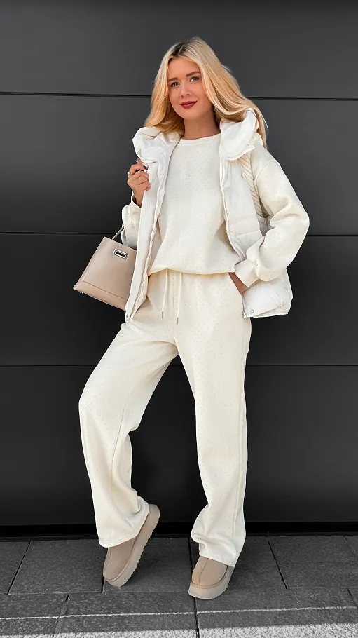Ecru ocieplany komplet 3 częściowy z bawełny w mini cyrkonie ONE SIZE - R109A
