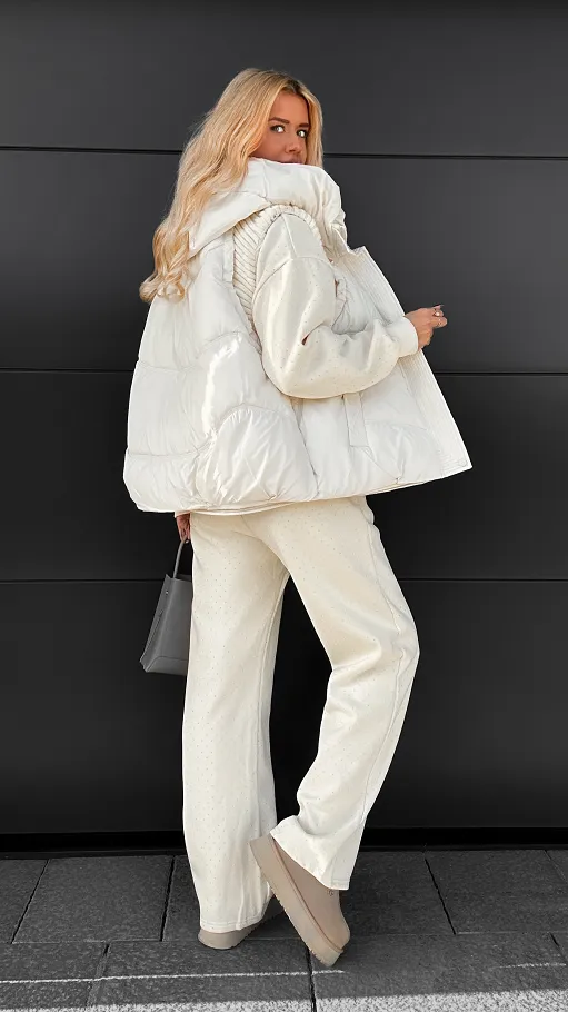 Ecru ocieplany komplet 3 częściowy z bawełny w mini cyrkonie ONE SIZE - R109A