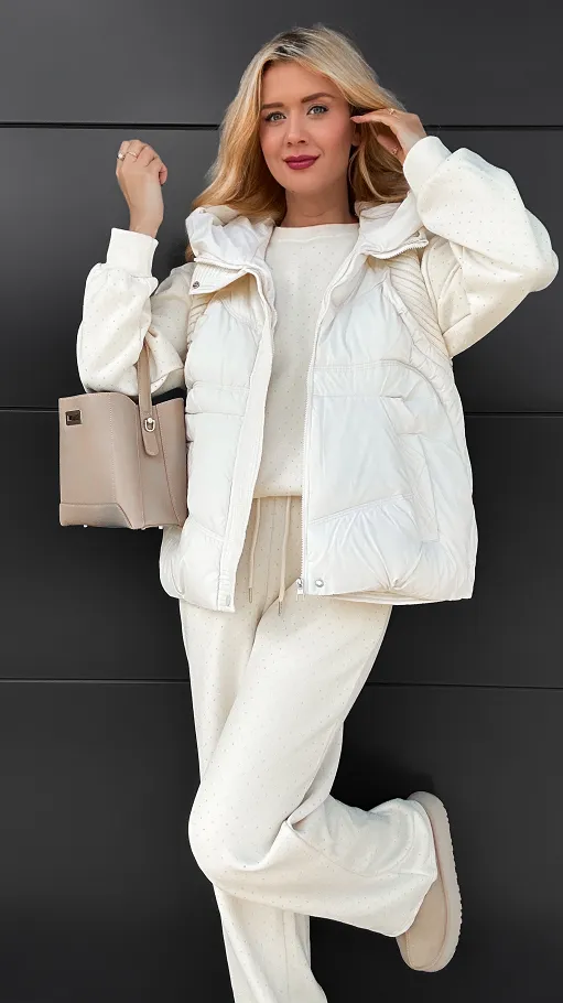 Ecru ocieplany komplet 3 częściowy z bawełny w mini cyrkonie ONE SIZE - R109A