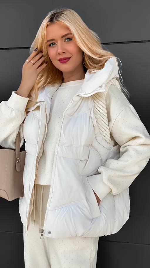 Ecru ocieplany komplet 3 częściowy z bawełny w mini cyrkonie ONE SIZE - R109A