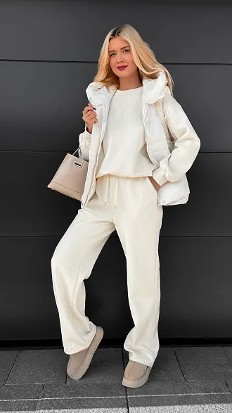 Ecru ocieplany komplet 3 częściowy z bawełny w mini cyrkonie ONE SIZE - R109A