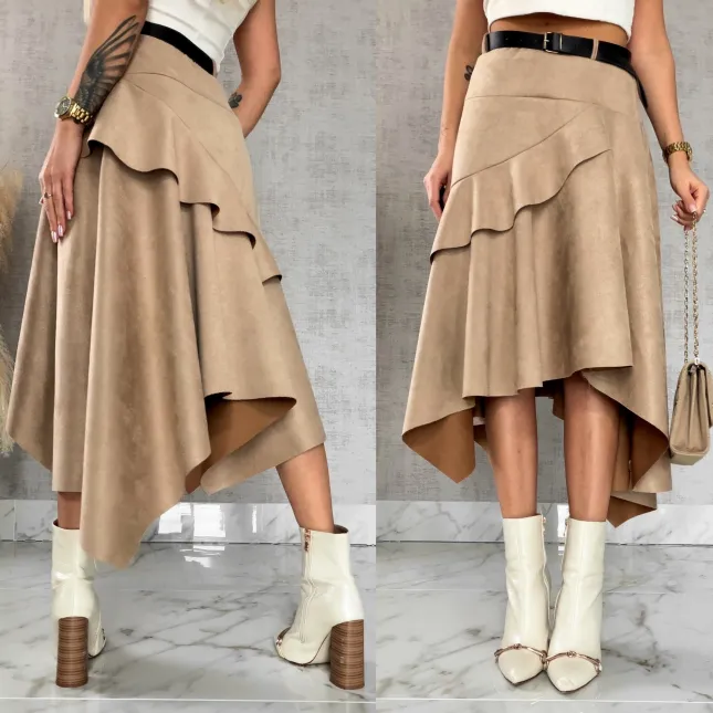 Asymetryczna elegancka spódnica zamszowa ONE SIZE beżowa - R520