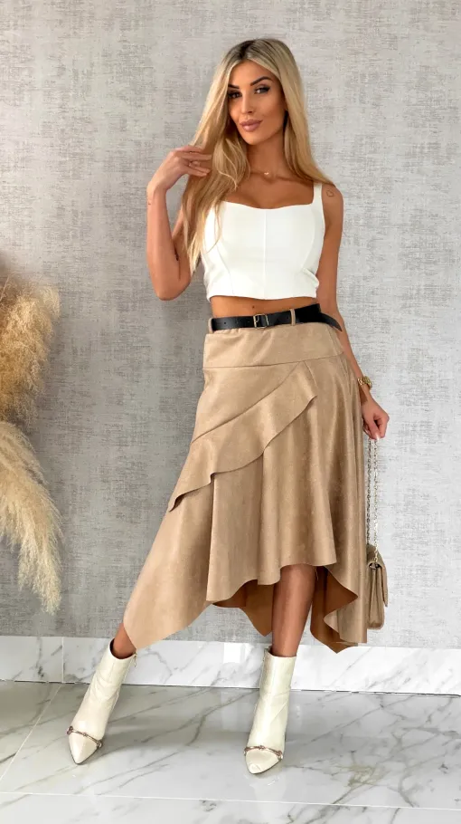 Asymetryczna elegancka spódnica zamszowa ONE SIZE beżowa - R520