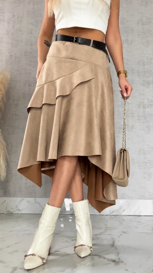 Asymetryczna elegancka spódnica zamszowa ONE SIZE beżowa - R520