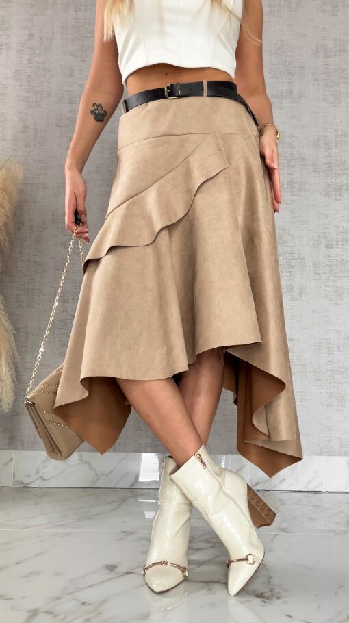 Asymetryczna elegancka spódnica zamszowa ONE SIZE beżowa - R520