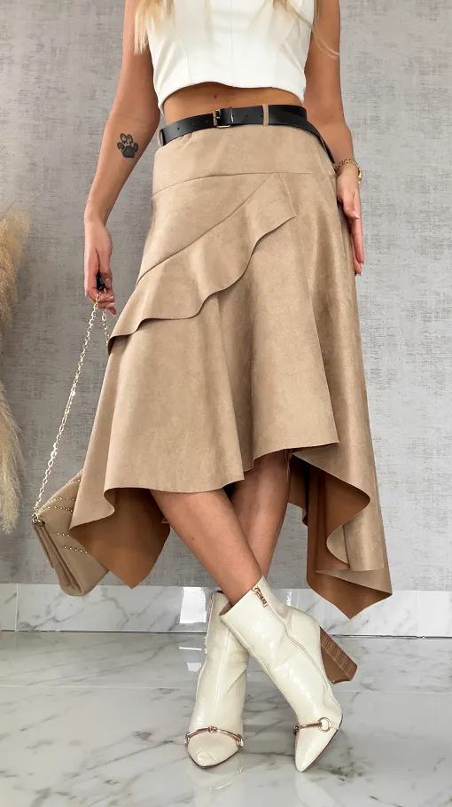 Asymetryczna elegancka spódnica zamszowa ONE SIZE beżowa - R520