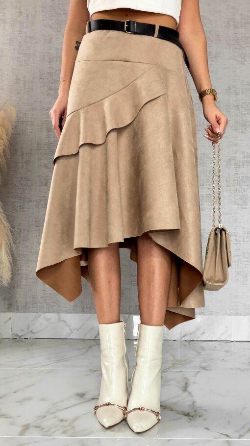 Asymetryczna elegancka spódnica zamszowa ONE SIZE beżowa - R520