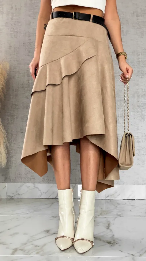 Asymetryczna elegancka spódnica zamszowa ONE SIZE beżowa - R520