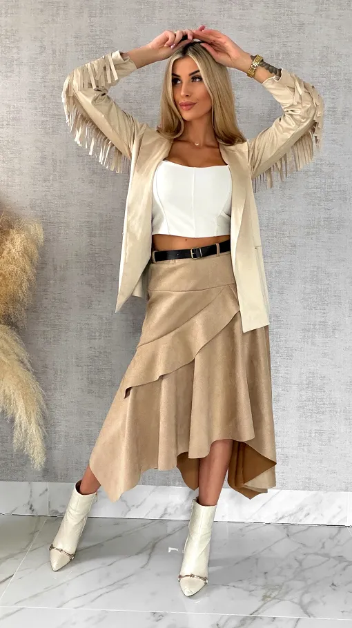 Asymetryczna elegancka spódnica zamszowa ONE SIZE beżowa - R520